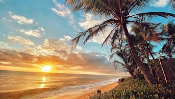 En la playa, camastros y toallas de playa