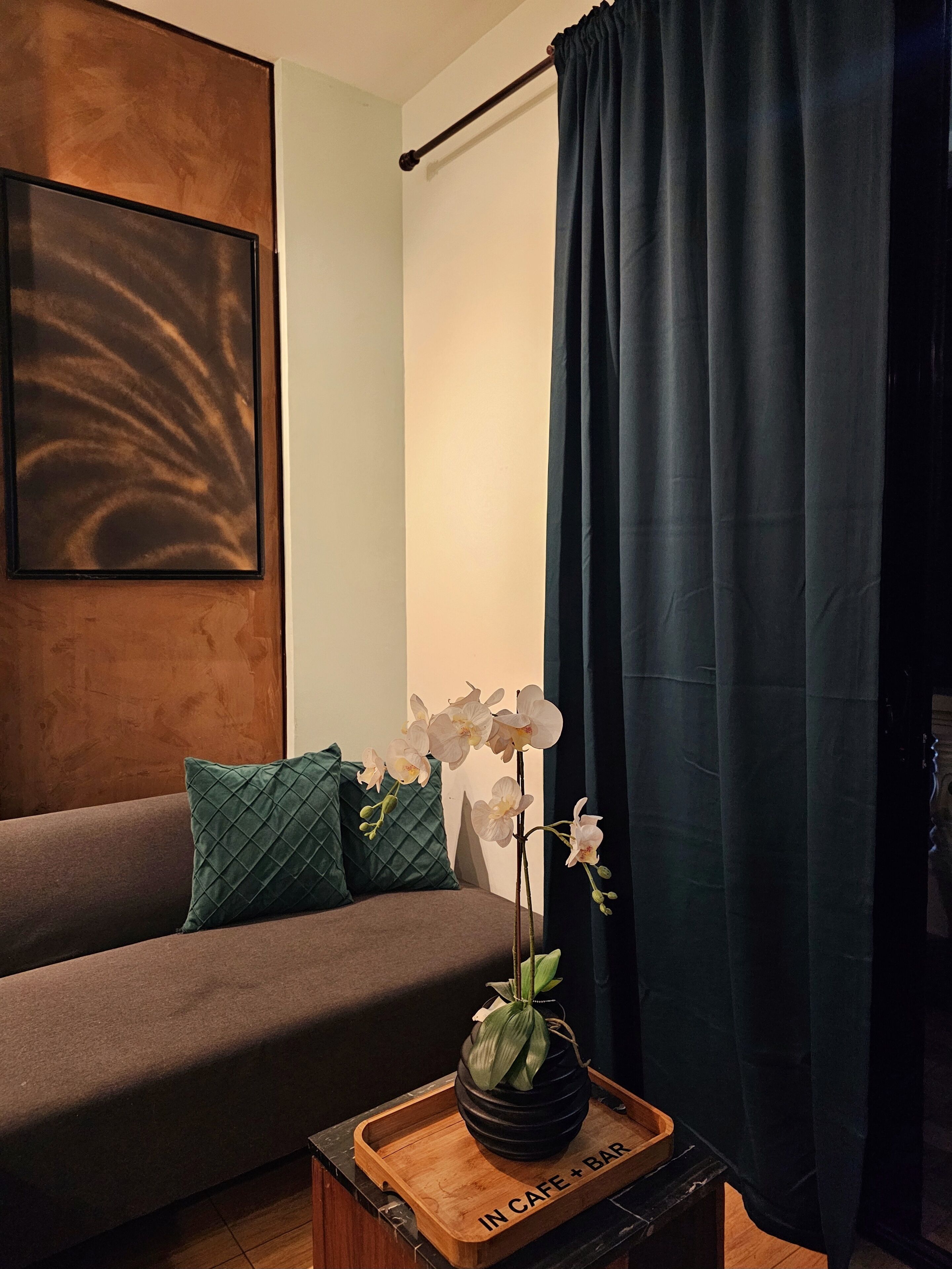 Uma sala de estar com um sofá, uma mesa de centro com uma planta e uma cortina.