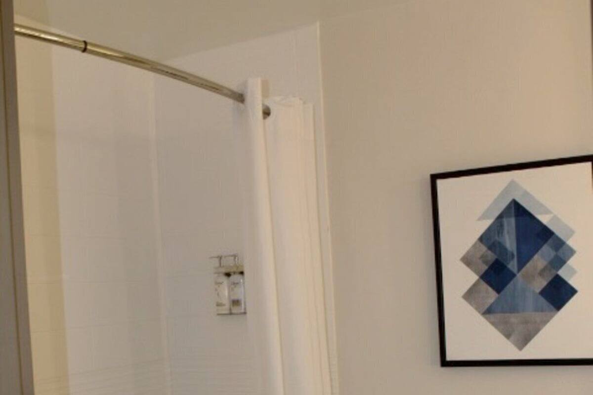 A bathroom with a bathtub, toilet, and a shower curtain.