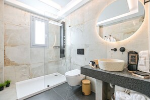Shower, jetted bath, hair dryer, towels