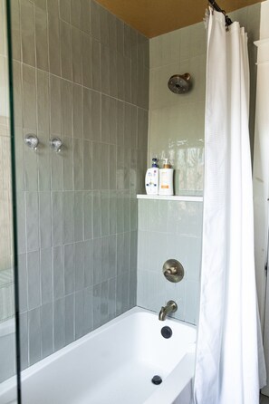 Hair dryer, bidet, towels, soap