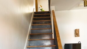 Un escalier avec des marches en bois foncé et une rampe, menant à une pièce où se trouvent une télévision et une plante.