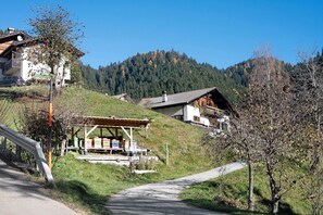 A rural mountain house with a wooden structure, a paved path, and a forested hill in the background. - Farmhouse 'Innerjerberhof Sunnseit' with Mountain View, Shared Terrace and Wi-Fi (Laurein)