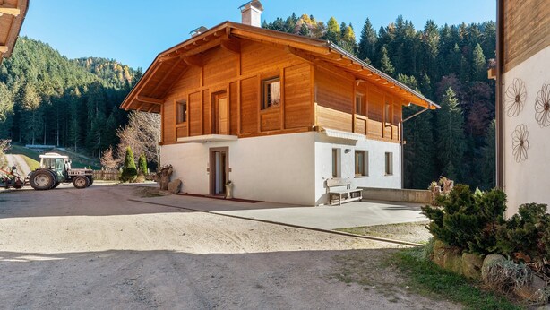 A wooden cabin with a porch, a dirt driveway, and a tractor in the background. - Farmhouse 'Innerjerberhof Neiderseit' with Mountain View, Shared Terrace and Wi-Fi (Laurein)