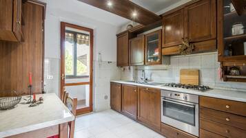 Coffee/tea maker, fridge, microwave, oven