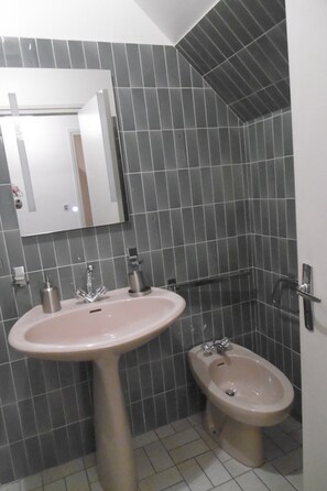 Un baño con lavamanos pedestal, un bidé y un espejo en la pared.