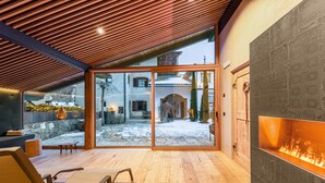 Een modern interieur met een open haard, houten vloeren en een glazen deur naar buiten.