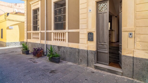 A building with a door, windows, and potted plants.