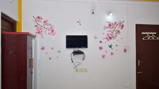 A room with a TV mounted on the wall, a wooden door, and a brown door with a hanger on it. - binay chapa homestay Jaldapara wildlife sanctuary best leving accommodation  (Madhya Madarihat)