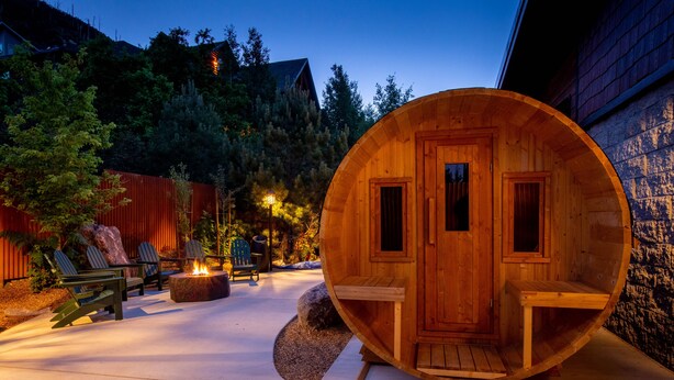 A wooden cabin with a circular entrance, outdoor seating, and a fire pit. - Mount Lemmon Lodge (Mount Lemmon)