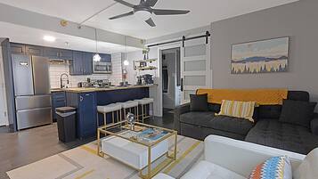 Smart TV, fireplace, music library