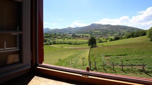 A view from a window overlooking a green landscape with fields, a tree, and mountains in the distance. - Zamatelua 2 - Sare - Gîte (SARE)