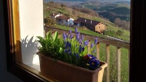 Un balcon offrant une vue sur un paysage rural, avec des maisons et des montagnes.