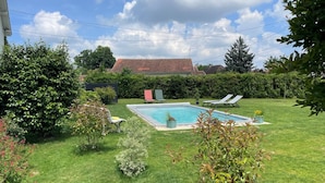 A backyard with a swimming pool, green lawn, and various plants.