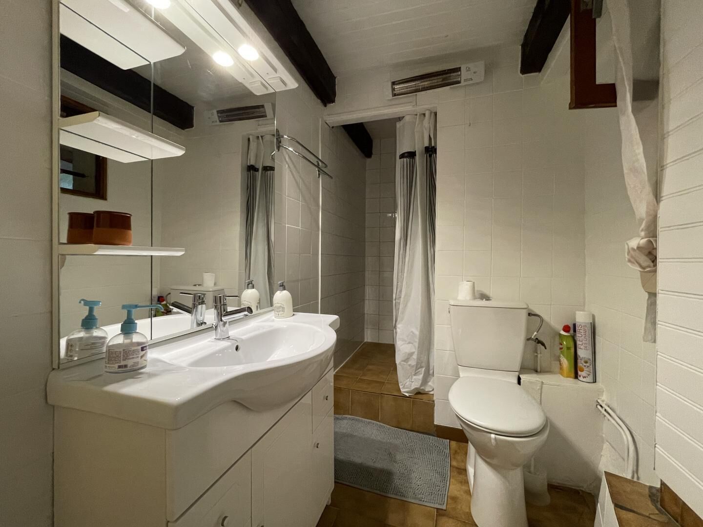 Une salle de bain avec un lavabo blanc, un miroir et des toilettes. On y trouve deux flacons de savon pour les mains et un porte-serviettes.
