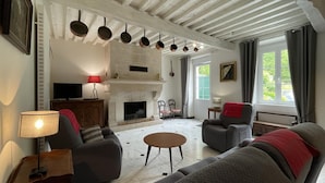 A living room with a fireplace, sofas, a coffee table, and a television. - Domaine Pedelaborde - Poey-d'oloron (POEY-D'OLORON)