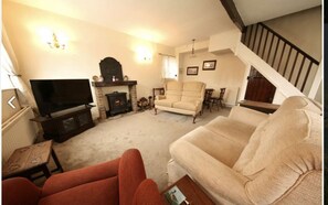 Smart TV, fireplace, DVD player, books