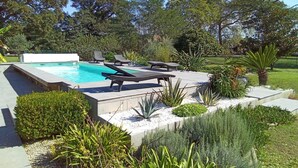 A swimming pool with lounge chairs, surrounded by landscaped garden beds and various plants.