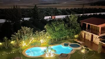 Outdoor pool, pool umbrellas, pool loungers