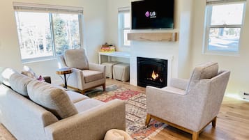 Smart TV, fireplace, books