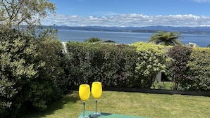 Vista de un área verde con dos gafas amarillas sobre una barandilla, con vista a un cuerpo de agua y montañas distantes.