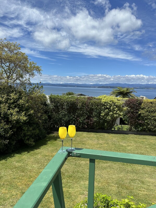 A view of a grassy area with two yellow glasses on a green railing, overlooking a body of water and distant mountains.
