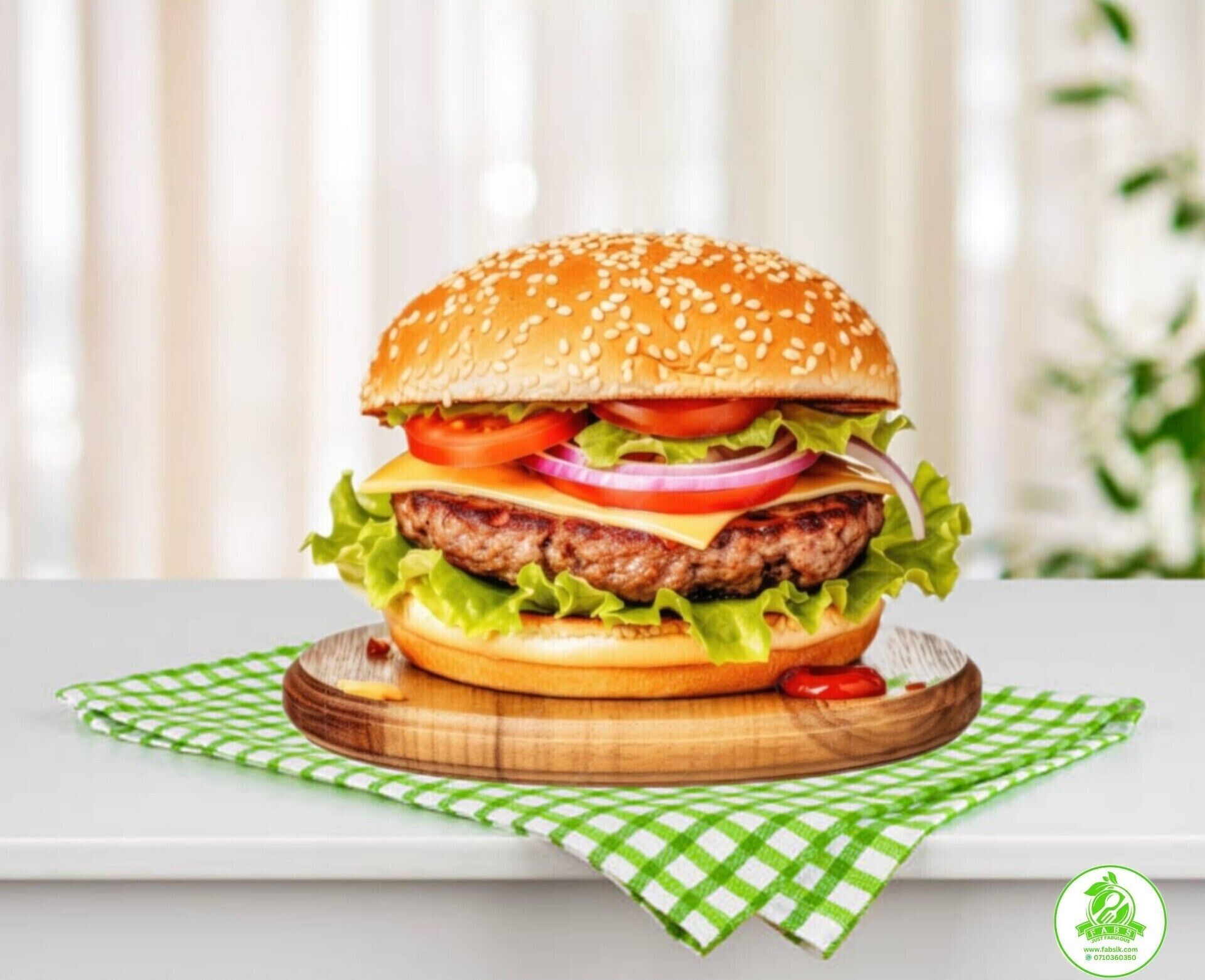 A burger on a wooden board with a green and white checkered napkin underneath.
