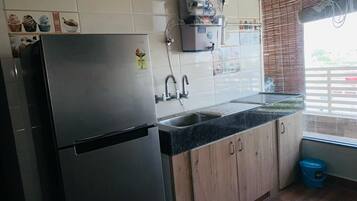 Frigorífico, microondas, placa de cocina y tostadora