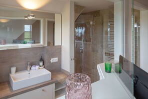 Dusche, Haartrockner, Handtücher, Seife