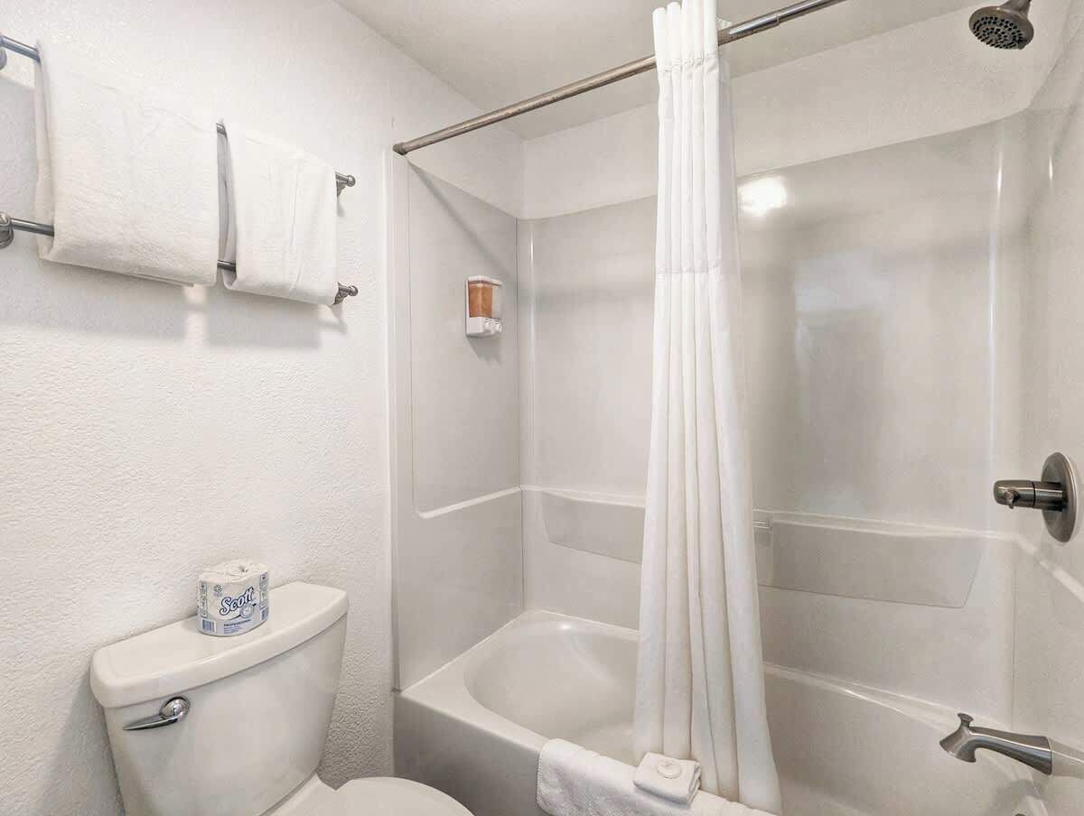 A bathroom with a toilet, a shower, and a bathtub.