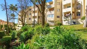 Un edificio residencial de varios pisos con balcones, rodeado de exuberante vegetación y palmeras.