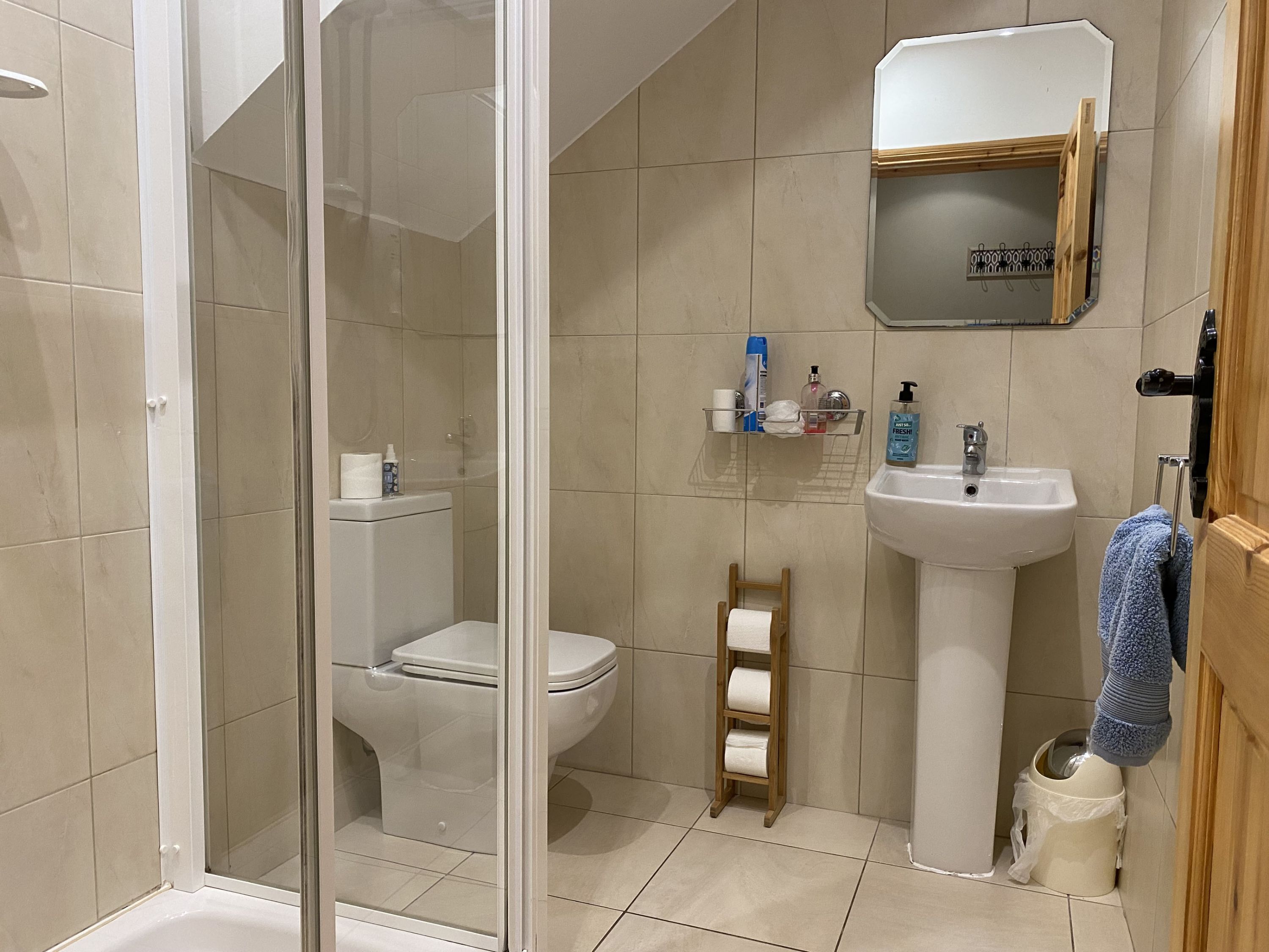 A bathroom with a toilet, shower, sink, and a small shelf with toiletries.