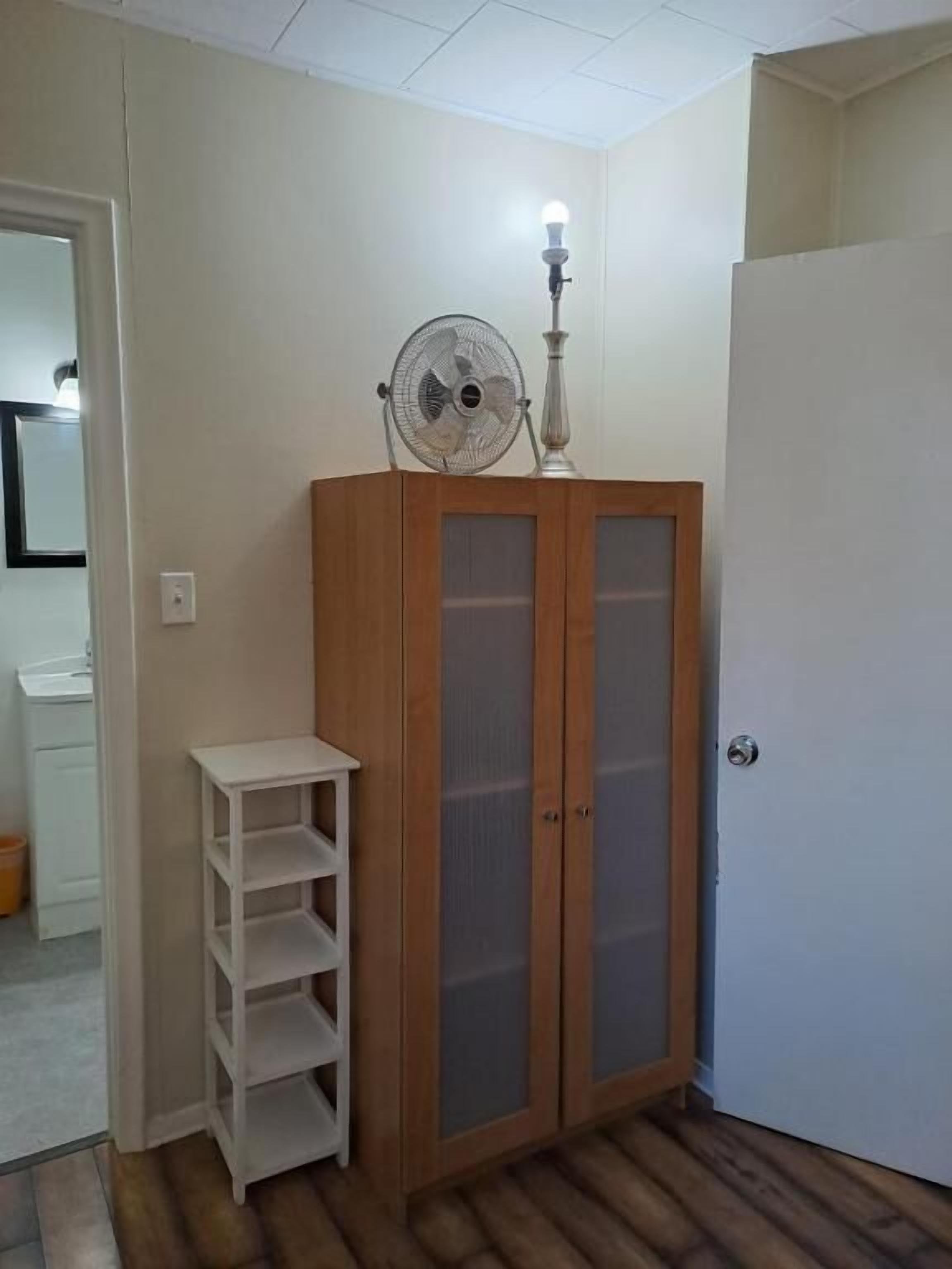 Una habitación con un armario de madera, una estantería blanca y una puerta.