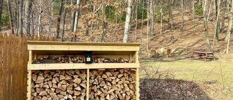 A wooden structure with two shelves of stacked firewood, a small black object on the top shelf, and a wooden fence in the background.