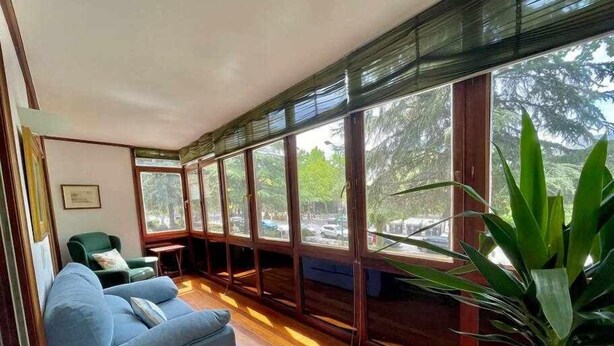 A room with a blue sofa, a small table, and a large window with a view of trees and parked cars. - Amatxo Maitia - Large movie apartment. (Bilbao)
