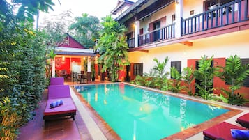 Outdoor pool, pool umbrellas, pool loungers