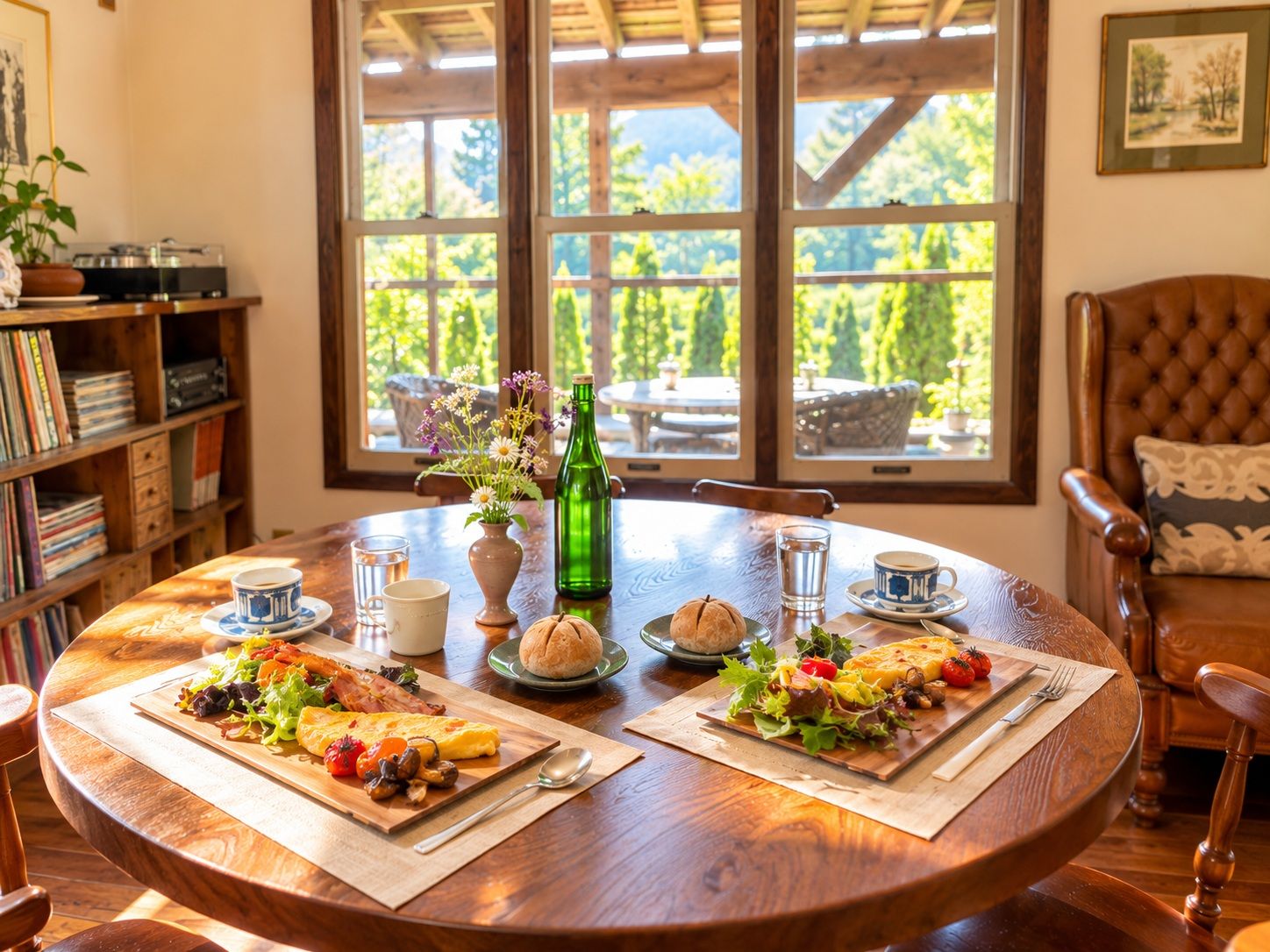 Una mesa redonda de madera con dos platos de comida, una botella verde y un jarrón de flores.