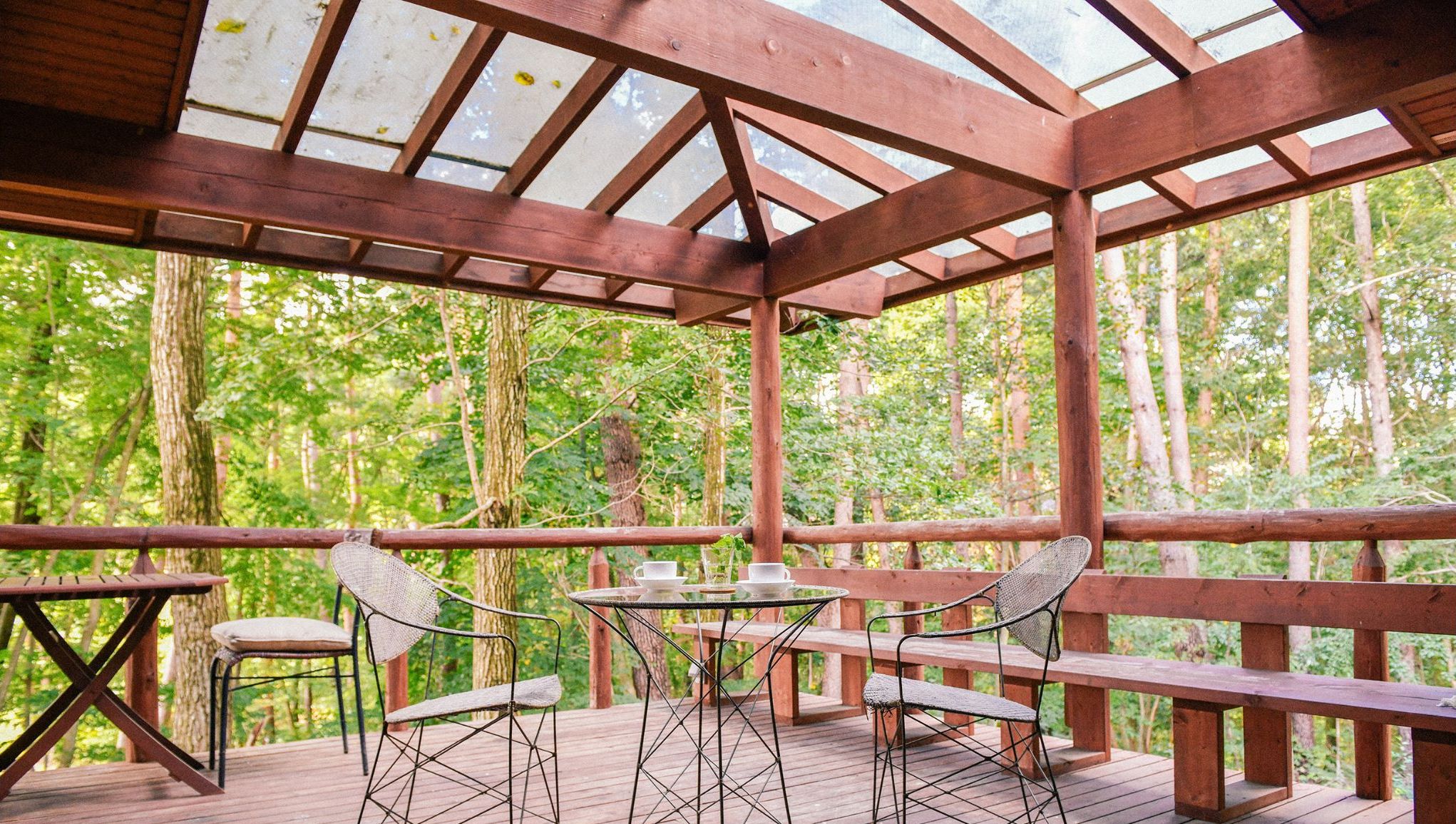 A wooden deck with a glass ceiling, surrounded by trees.