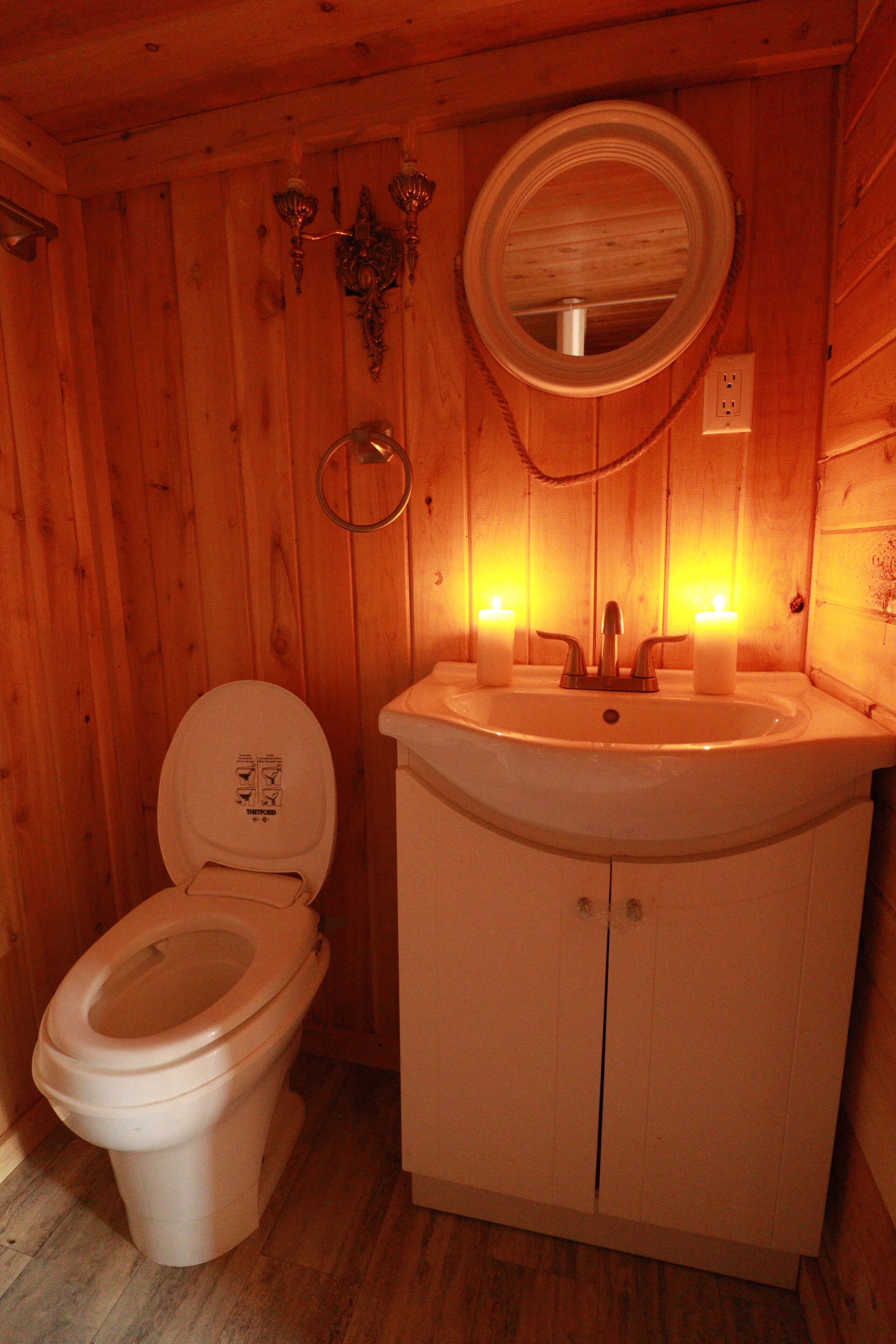 A wooden cabin bathroom with a toilet, sink, and two wall-mounted lights.