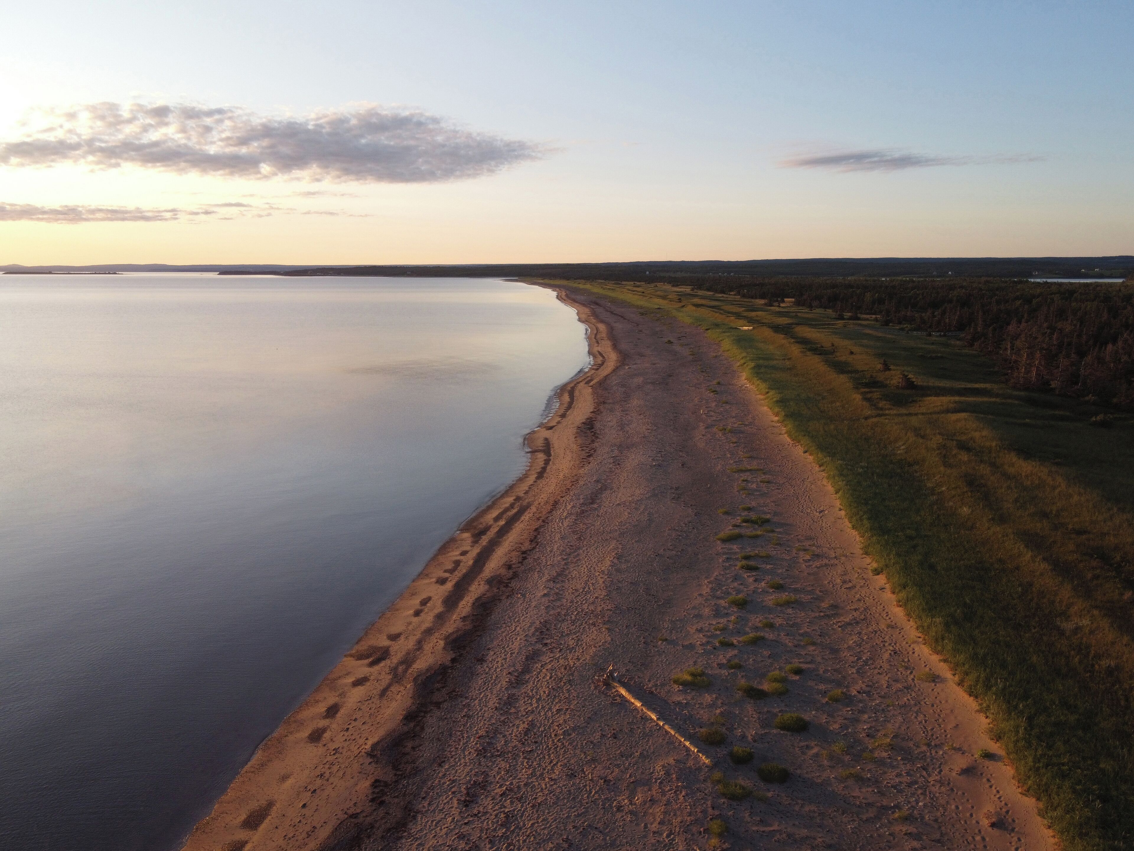 A coastal landscape with a sandy beach and grassy areas.
