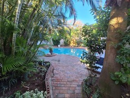 Un sendero de ladrillo que conduce a una piscina rodeada de exuberante vegetación y palmeras.