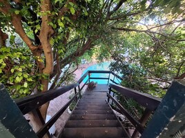 Una escalera de madera rodeada de abundante vegetación que conduce a una zona de piscina.
