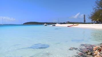 On the beach, sun-loungers, beach towels