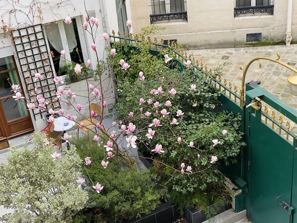 Un patio con una cerca metálica verde, una pequeña mesa con una silla y plantas con flores.