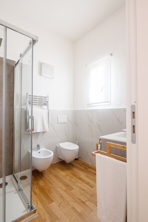 Regadera, secadora de cabello, bidet, toallas 