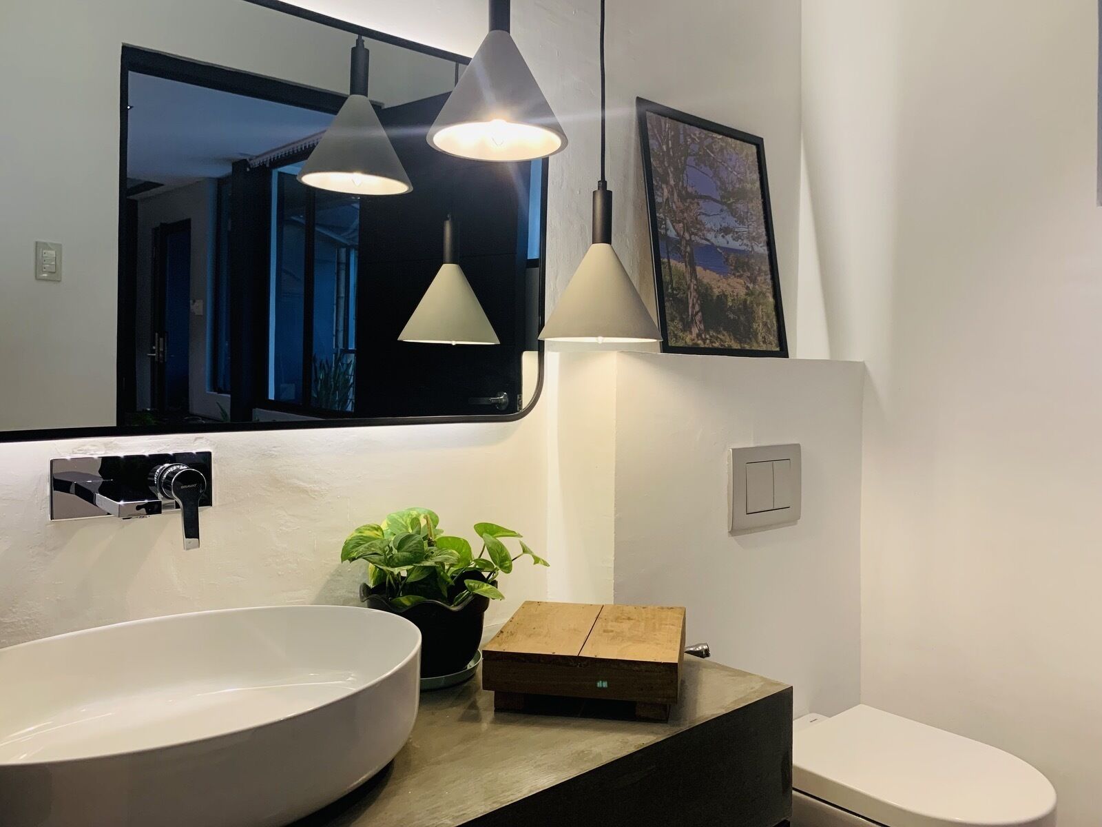 A modern bathroom with a large white sink, a mirror, two pendant lights, a potted plant, and a framed picture on the wall.