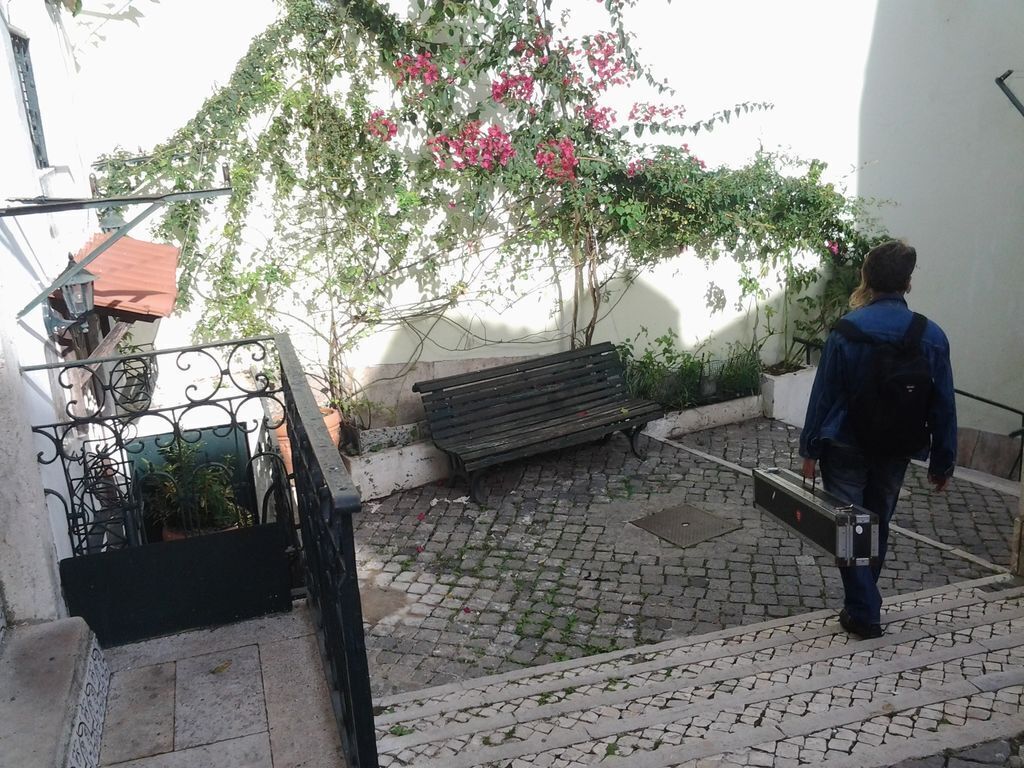 Un escalier menant à une cour intérieure où se trouvent un banc et des plantes en pot.