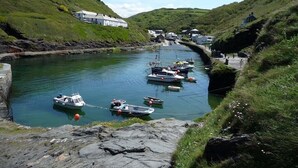 A harbor with boats docked along a narrow waterway, surrounded by grassy hills and a few buildings.