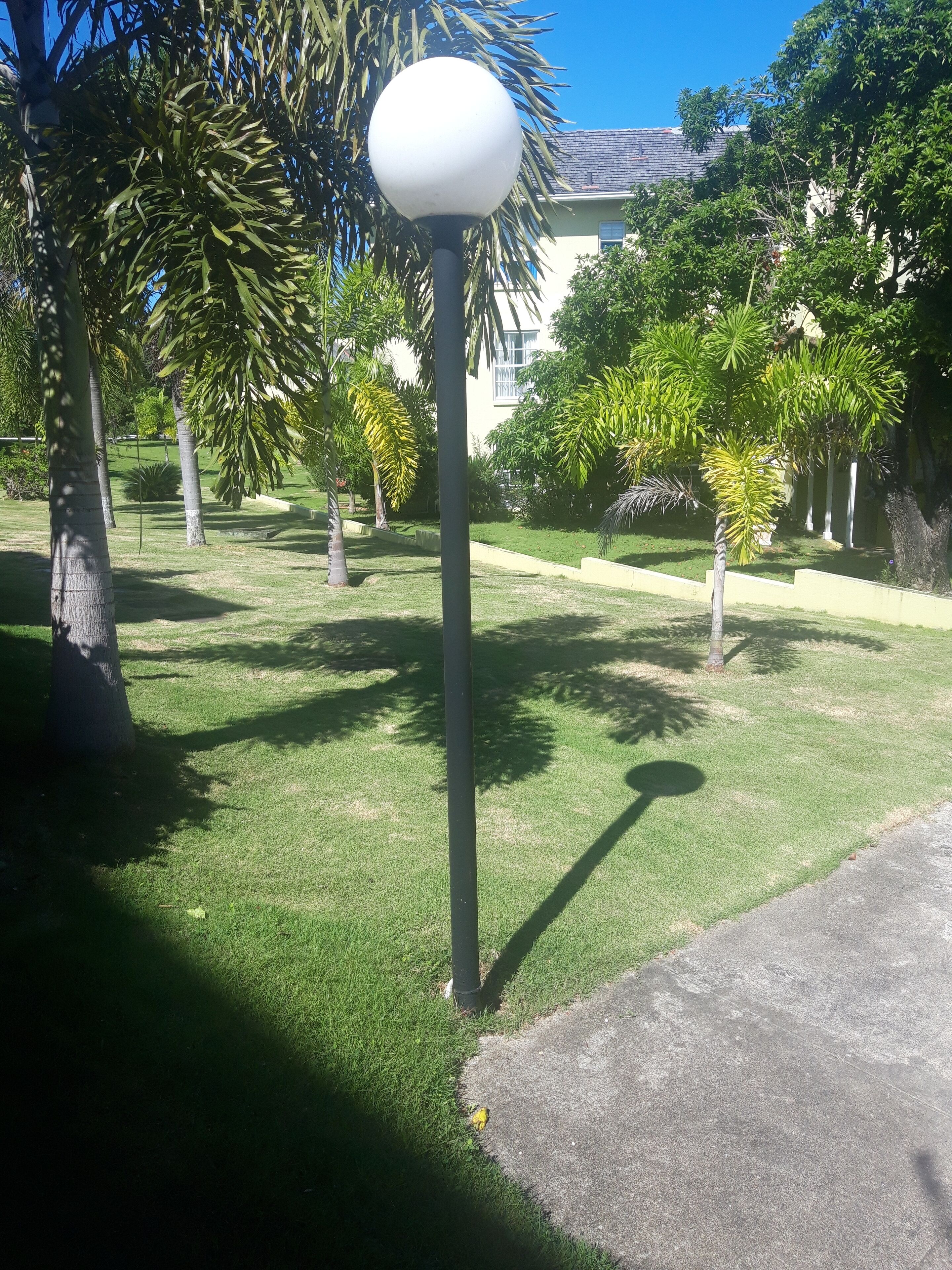 A well-maintained garden with a spherical street lamp, neatly trimmed grass, and various trees.