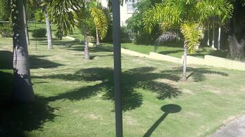 A well-maintained garden with a spherical street lamp, neatly trimmed grass, and various trees.